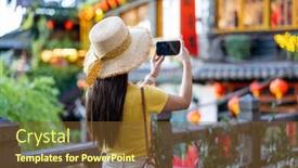  Presentation with take - Slides featuring woman-take-photo-on-cellphone background and a tawny brown colored foreground