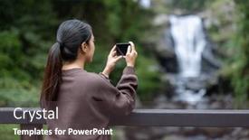  Presentation with recreation - PPT layouts with woman-take-photo-on-cellphone background and a dark gray colored foreground