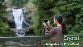 Presentation with recreation - PPT theme having woman-take-photo-on-cellphone background and a tawny brown colored foreground