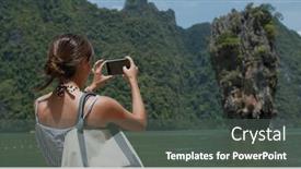  Presentation with take - Slide deck having woman-take-photo-on-khao background and a dark gray colored foreground