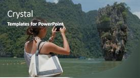  Presentation with take - Audience pleasing slides consisting of woman-take-photo-on-khao backdrop and a ocean colored foreground