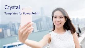  Presentation with hong kong - PPT theme with woman take self picture in landmark of hong kong background and a sky blue colored foreground