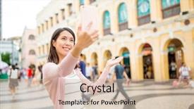  Presentation with take a trip - Slides consisting of woman take selfie in macao background and a  colored foreground