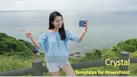  Presentation with take - Slide set featuring woman take selfie on cellphone background and a tawny brown colored foreground