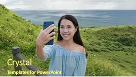  Presentation with take off - PPT theme having woman take selfie on cellphone background and a tawny brown colored foreground