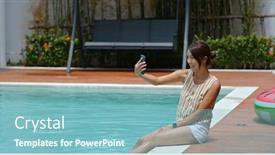 Presentation with pool side - Colorful presentation design enhanced with woman-take-selfie-on-cellphone backdrop and a seafoam green colored foreground