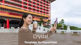  Presentation with bubble milk tea - PPT theme having woman-take-selfie-on-cellphone background and a violet colored foreground