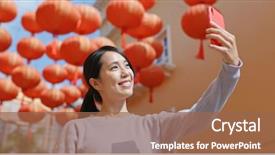  Presentation with take - Presentation design featuring woman take video on cellphone background and a tawny brown colored foreground