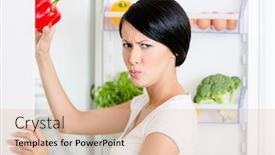  Presentation with fridge - Audience pleasing theme consisting of woman takes bell pepper from the opened fridge full of vegetables and fruit concept of healthy and dieting food backdrop and a lemonade colored foreground