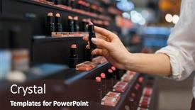  Presentation with cosmetics beauty cosmetic white - Audience pleasing PPT theme consisting of woman-takes-lipstick-from-shelf backdrop and a tawny brown colored foreground