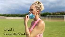  Presentation with sports field - Presentation theme with woman-takes-off-facemask background and a yellow colored foreground