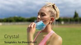  Presentation with sports field - Presentation having woman-takes-off-facemask background and a yellow colored foreground