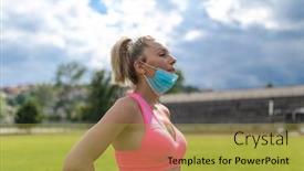  Presentation with sports field - Slides consisting of woman-takes-off-facemask background and a gold colored foreground