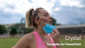  Presentation with sports field - Beautiful presentation theme featuring woman-takes-off-facemask backdrop and a tawny brown colored foreground