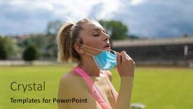  Presentation with sports field - Presentation theme having woman-takes-off-facemask background and a yellow colored foreground
