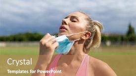  Presentation with sports field - Slides featuring woman-takes-off-facemask background and a coral colored foreground