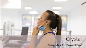  Presentation with gym - Audience pleasing presentation theme consisting of woman-takes-off-facemask backdrop and a soft green colored foreground
