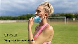  Presentation with sports field - Colorful slide deck enhanced with woman-takes-off-facemask backdrop and a yellow colored foreground