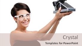  Presentation with cassette - PPT layouts consisting of woman takes photos with cassette photographic camera isolated on white background and a soft green colored foreground