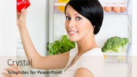  Presentation with refrigerator - Amazing slide deck having woman takes sweet pepper from the opened refrigerator full of vegetables and fruit concept of healthy and dieting food backdrop and a lemonade colored foreground