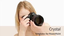  Presentation with reflex - Cool new PPT theme with woman taking a photography with a single-lens reflex camera against white background backdrop and a coral colored foreground