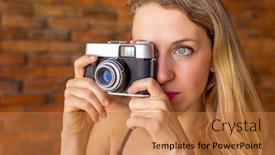  Presentation with camera film - Slide deck consisting of woman taking a picture with a film camera background and a coral colored foreground