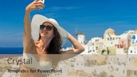  Presentation with santorini - Amazing PPT theme having woman taking a selfie in santorini greece backdrop and a coral colored foreground