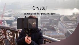  Presentation with tourism selfie - Amazing presentation theme having woman taking a selfie from the rooftop of st paul's cathedral on a foggy day in london uk - city break - tourism concept backdrop and a light gray colored foreground