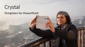  Presentation with tourism selfie - Colorful presentation enhanced with woman taking a selfie from the rooftop of st paul's cathedral on a foggy day in london uk - city break - tourism concept backdrop and a white colored foreground