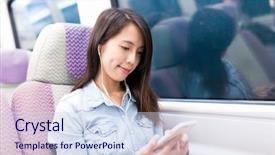  Presentation with free music - PPT theme enhanced with woman taking express train background and a sky blue colored foreground