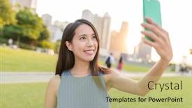  Presentation with hong kong - Theme enhanced with woman taking photo herself in hong kong background and a yellow colored foreground