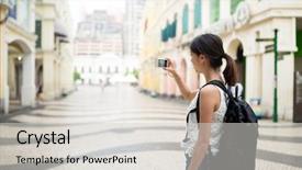  Presentation with photo of armed men - Amazing slide set having woman taking photo in macao backdrop and a light gray colored foreground