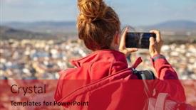  Presentation with city - Slide deck featuring woman-taking-photo-of-city background and a  colored foreground