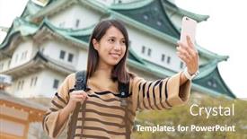  Presentation with photo - Colorful presentation theme enhanced with woman-taking-photo-with-cellphone backdrop and a coral colored foreground