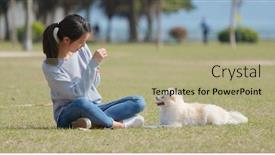  Presentation with dog park - PPT theme featuring woman taking photo on her dog at outdoor park background and a mint green colored foreground