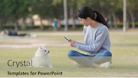  Presentation with dog park - Beautiful PPT layouts featuring woman taking photo on her dog at outdoor park backdrop and a mint green colored foreground