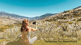  Presentation with cherry bloosom - PPT layouts consisting of woman-taking-photography-with-mobile background and a  colored foreground