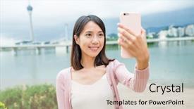  Presentation with macau - Colorful PPT theme enhanced with woman taking selfie by cellphone in macau backdrop and a lemonade colored foreground