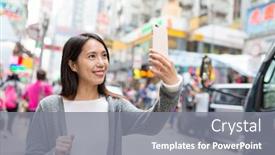  Presentation with selfie - Presentation featuring woman taking selfie by cellphone in hong kong background and a gray colored foreground