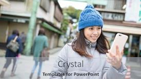  Presentation with selfie - Audience pleasing PPT layouts consisting of woman-taking-selfie-by-mobile backdrop and a lemonade colored foreground