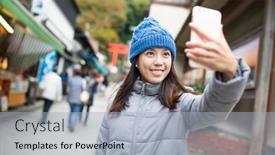  Presentation with selfie - Cool new PPT theme with woman-taking-selfie-by-mobile backdrop and a light blue colored foreground