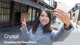  Presentation with selfie - PPT theme having woman taking selfie by mobile phone at kanazawa city background and a ocean colored foreground