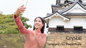 Presentation with mobile phone in woman hand - Colorful slide set enhanced with woman taking selfie by mobile backdrop and a coral colored foreground