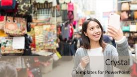  Presentation with selfie - Presentation design with woman-taking-selfie-by-mobile background and a coral colored foreground