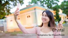  Presentation with retail smart phone shopping - PPT layouts with woman taking selfie by smart background and a coral colored foreground