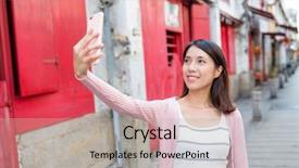  Presentation with macau - PPT layouts consisting of woman taking selfie in macau background and a mint green colored foreground