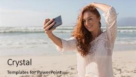  Presentation with selfie - Cool new slide set with woman taking selfie with mobile backdrop and a lemonade colored foreground