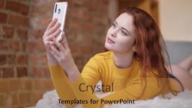  Presentation with influencer - Amazing slide set having woman-taking-selfies-at-home backdrop and a gold colored foreground