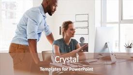  Presentation with talk - Colorful slide deck enhanced with business people talking standing up - man and woman talk backdrop and a coral colored foreground