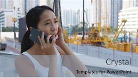  Presentation with talk - Amazing PPT theme having woman talk to cellphone disturb by construction site backdrop and a light blue colored foreground